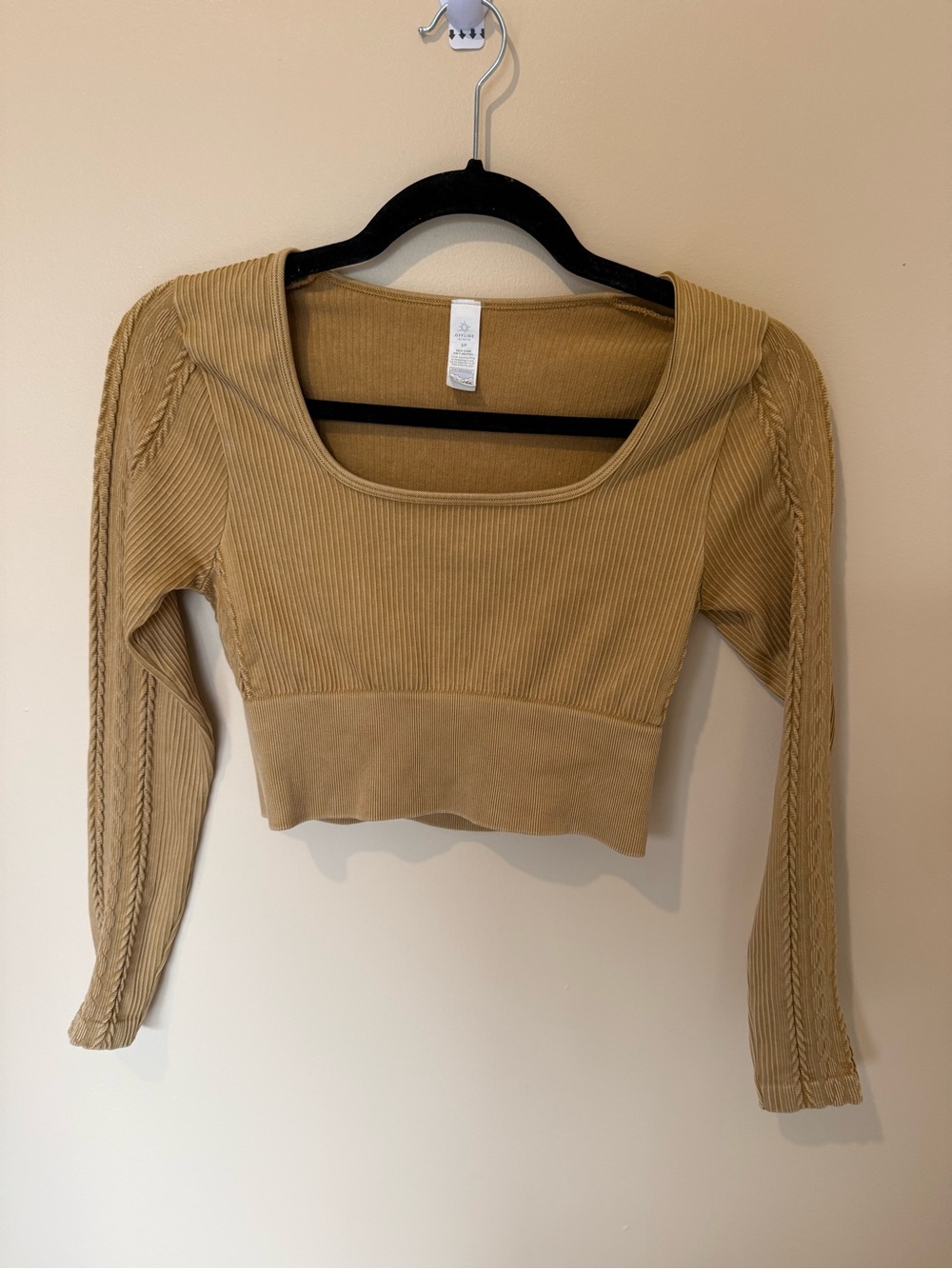 aerie Ribbed Scoop-Neck Cropped Long Sleeve Top in Tan